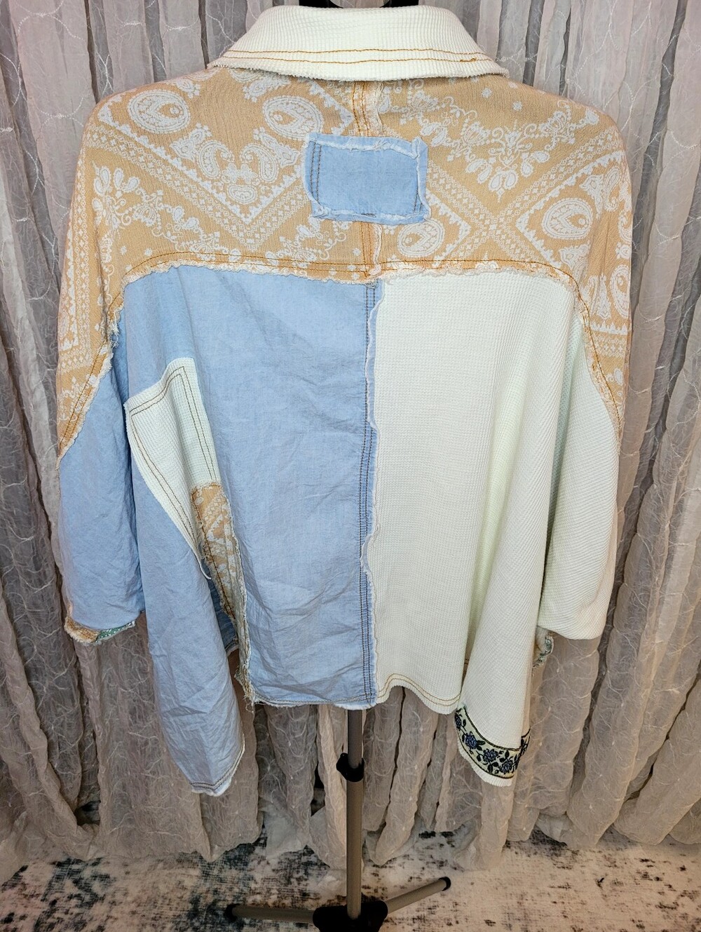 POL Button Down Denim Chambray Waffle Knit Flower Patchwork 100% Cotton Shacket - Picture 9 of 11